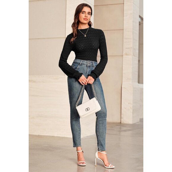 Womens Silk Wool Blend Mock Neck Sweater Long Sleeve Fitted Casual - Picture 5 of 6